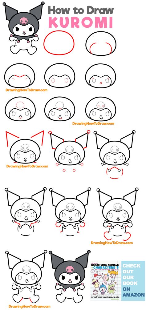 How to draw Kuromi from My Melody and Hello Kitty Easy Step by Step Drawing Tutorial for Kids Kuromi Drawing Tutorial, Kuromi Reference, Drawing Of Kuromi, How To Draw Melody, How To Draw Hello Kitty And Friends, How To Draw My Melody Step By Step, Cute Kuromi Drawing, Hello Kitty Tutorial To Draw, Kuromi How To Draw