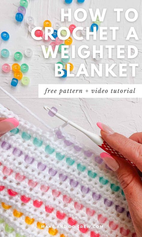 Have you ever wondered how to crochet a weighted blanket? Then this free crochet blanket pattern is for you! In this advanced beginner pattern from Make and Do Crew, you'll learn how to make a weighted blanket with pony beads. This heavy blanket is the perfect pattern for learning new crochet techniques, like how to add beads to crochet without pre-stringing. Visit our blog for the free blanket pattern, video tutorial, and photo tutorial. | Crochet for Home Girls Crochet Blankets Free Pattern, Crochet Weighted Blanket With Beads, Weighted Blanket Pattern, How To Read Crochet Patterns, Crochet Gifts Patterns, Crochet Weighted Blanket, Quick Baby Blanket Crochet, Cute Crochet Blanket, Crochet Patterns Beginner