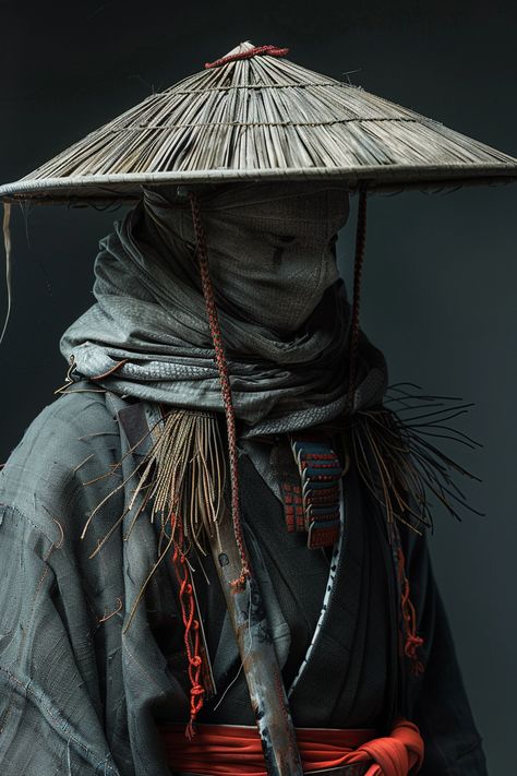 Samurai with Karakasa Hat Traditional Samurai Clothing, Japanese Hat Traditional, Japanese Samurai Aesthetic, Ronin Clothing, Samurai Concept Art, Warrior Attire, Japanese Warrior Art, Samurai Reference, Samurai Female