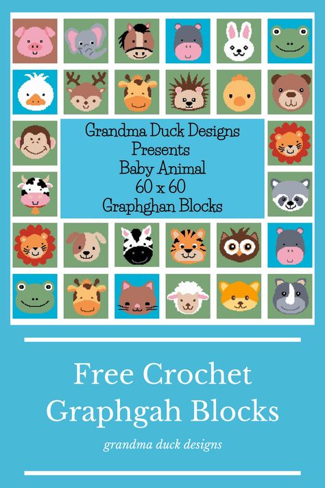 Crochet Animals Blanket Free Patterns, Crochet Animal Squares Blanket, Crochet Animals Blanket, Crochet Animal Granny Square Blanket, Crochet Graphgan Patterns Free Easy, Animal Squares Crochet, C2c Animal Squares, Farm Crochet Blanket, Crochet Animal Granny Squares Free