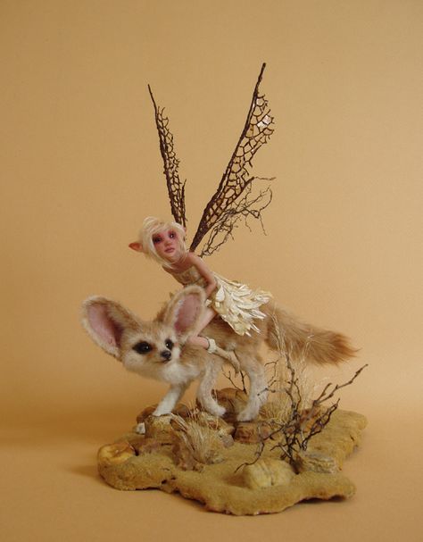 Desert Dwellers (Desert Fox and Fairy Sculpture) by Michelle Bradshaw (~pixiwillow on deviantART) Desert Fairy, Fairy Sculpture, Desert Fox, Polymer Clay Fairy, Fairy Art Dolls, Elves And Fairies, Fairy Dragon, Clay Fairies, Fantasy Doll