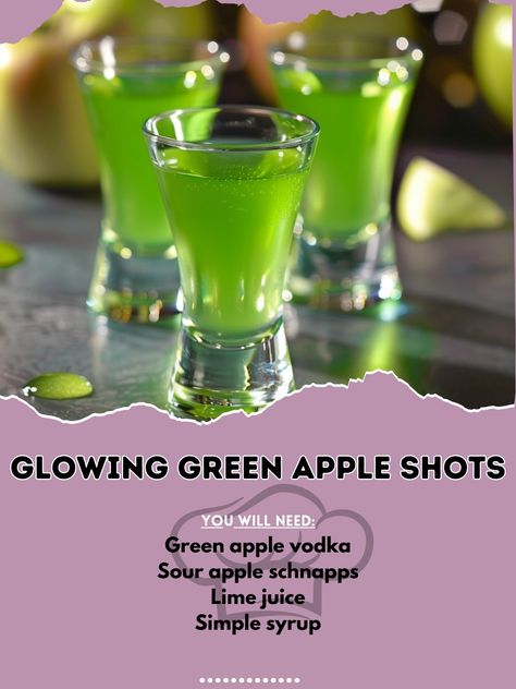 🍏💚 Dive into the vibrant taste of our Glowing Green Apple Shots! A crisp and refreshing apple blend that lights up the party! 💚🍏 #GlowingGreenAppleShots Glowing Green Apple Shots Ingredients: Green apple vodka (1 oz) Sour apple schnapps (1/2 oz) Lime juice (1/2 oz) Simple syrup (1/4 oz) Instructions: Fill a shaker with ice. Add green apple vodka, sour apple schnapps, lime juice, and simple syrup. Shake well and strain into shot glasses. 🍏💚 These Glowing Green Apple Shots are a tart and ta... Green Apple Cocktails, Green Shots, Green Apple Vodka, Apple Margarita, Boozy Recipes, Apple Shots, Vodka Sour, Apple Schnapps, Apple Pucker