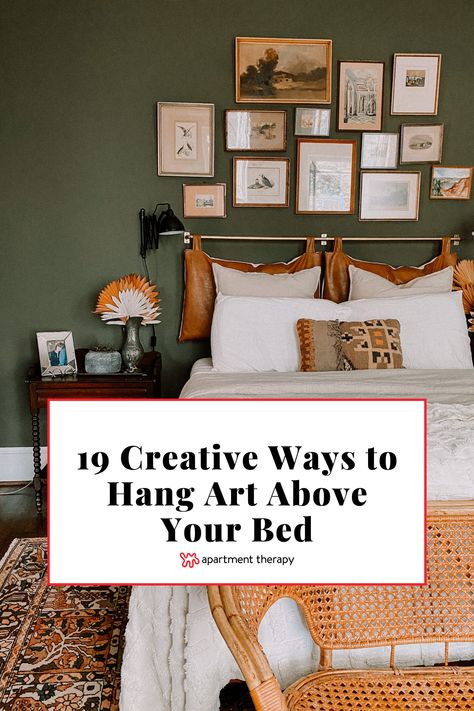 Looking for inspo on how to arrange artwork in your bedroom? These 19 rooms get it right when it comes to nailing the perfect placement of art hung above the bed. Art Above Bed King, Wall Art For Above Door, Picture Arrangements Above Bed, Hang Art Over Bed, Hanging Art Above Bed, Bedroom Photo Frames Above Bed, Big Picture Above Bed, What To Put On A Blank Wall In Bedroom, Art Behind Headboard