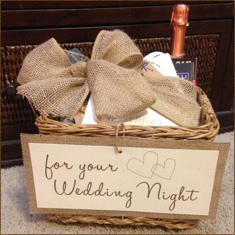 Could be a cute idea for the bride. Wedding Night necessities gift basket! Bridal Shower / Bachelorette gift. Put tags on all the goodies inside: Lingerie "for the bride" | chocolates "for something sweet" | champagne "for laughter" | candle "for romance" | mints/mouthwash "to feel fresh" | pj's "for rest" Wedding Night Gift, Bridesmaid Gift Baskets, Lingerie Shower Gift, Gifts For Bride, Bridal Shower Gifts For Bride, Wedding Night Lingerie, Brides Basket, Wedding Gifts For Bride And Groom, Bachelorette Party Outfit