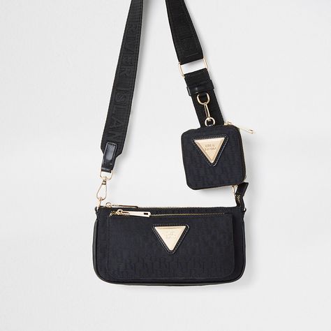 Black pouchette monogram cross body handbag | River Island Cross Body Handbag, Womens Handbags, Handbags Leather, Duffel Bags, Monogram Prints, Cute Bags, Nylon Bag, Black Handbags, Duffel Bag