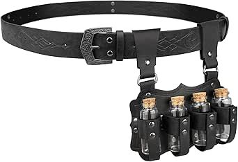 HiiFeuer Medieval Embossed Alchemy Faux Leather Buckle Belt with 4 Cork Vials, Fantasy Wizard Potion Bottles Belt Knife Holster, Witch Accessories, Medieval Belt, Fantasy Wizard, Pirate Outfit, Potion Bottles, Leather Armor, Utility Belt, Potion Bottle