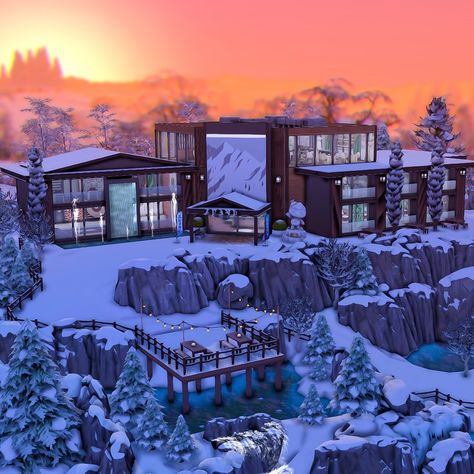 A snow covered Spa and Ski Resort made in the game Sims 4. Minecraft Resort Hotel, Ski Resort Bloxburg, Sims 4 Ski Resort, Sims 4 Ski Lodge, Sims 4 Snowboarding Cc, Minecraft Ski Resort, Sims 4 Resort Build, Sims 4 Lodge, Sims 4 Skiing Cc