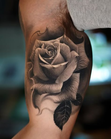 Rose Tattoo Men Inner Bicep, Rose Tattoo Realistic, Chest Tattoo Flowers, Lion And Rose Tattoo, Dark Roses Tattoo, Realistic Flower Tattoo, Barcode Tattoo, Secret Tattoos, White Rose Tattoos