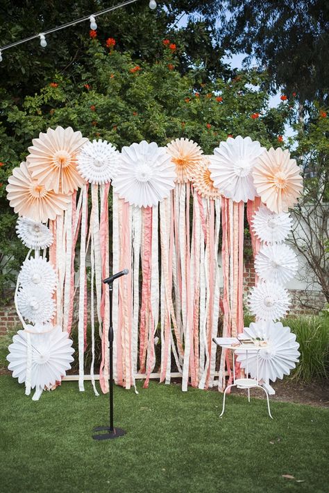 Tissue paper fan..instead of streamers substitute gray chevron fabric...fun photo backdrop Outdoor Photo Booths, Decor Photobooth, Diy Fotokabine, Ribbon Backdrop, Vintage Graduation, Booth Backdrops, Diy Wedding Backdrop, Tiffany Wedding, Summer Party Decorations