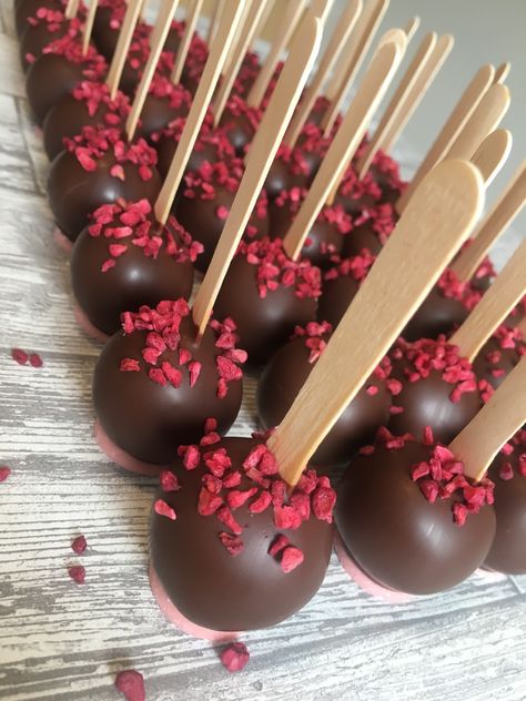 Chocolate raspberry cake pops Berry Cake Pops, Aesthetic Cake Pops, 18th Birthday Food, Cake Pops Aesthetic, Raspberry Cake Pops, Fancy Cake Pops, Bday Treats, Cooking Business, Red Velvet Cake Pops