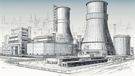 Nuclear Power Plant Art, Power Plant Architecture, Nuclear Architecture, Power Plant Drawing, Industry Drawing, Figure Sketch, Plant Cartoon, Plant Sketches, Nuclear Plant