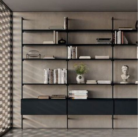 Living Room Luxury Minimalist, Library Minimalist Design, Office Bookcase Design, Family Room Shelving Ideas, Minimalist Contemporary Living Room, Bamboo Bookcase, Modular Bookshelf, Minimalistic Luxury, Minimalist Bookcase