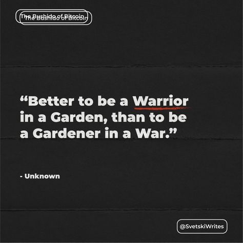 The opening quote of the Bushido of Bitcoin. If I had to sum up the entire book in a single aphorism, this would be it. Modern civilization has forgotten that virtue means excellence and strength, and that the warrior is the quintessential archetype of virtue. A warrior is not he who simply goes to war, but he who is prepared to go to war when necessary, because while there can be no garden without the gardener, there can also be no gardener without the warrior to first demarcate and establ... Warrior In A Garden Quote, Warrior In A Garden, A Warrior In A Garden, Virtues Of Bushido, Best Books On Stoicism, The Successful Warrior Is The Average Man, Samurai Quotes Wisdom Life, Be A Warrior, Vision Board Goals