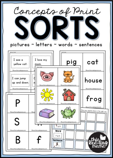 Concepts of Print Sorts - This Reading Mama Kinder Literacy Centers, Link Icon, Reading Readiness, Concepts Of Print, Print Awareness, Abc Phonics, Homeschool Preschool Curriculum, Kindergarten Language Arts, Word Sorts