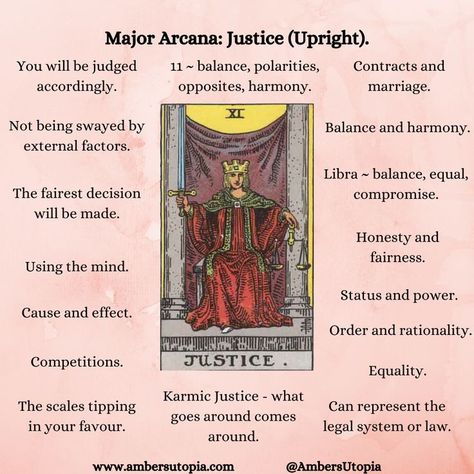 Justice, in upright position from the Major Arcana suit in the tarot deck and its meanings, including the astrology and numerology meanings. 

#Justice #MajorAcarna #TarotCardMeanings #Tarot Justice Tarot, Major Arcana Tarot, Tarot Card Readings, Tarot Interpretation, Arcana Tarot, Tarot Cards For Beginners, Tarot Guide, Major Arcana Cards, Tarot Book