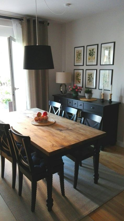 Dining room/ farmhouse table / IKEA chairs and buffet Dining Room Inspiration Black Chairs, Buffet In Dining Room Ideas, Dark Furniture Dining Room Ideas, Skogsta Table Dining Rooms, Black Rustic Dining Room, Dining Room With Oak Floors, Black And Oak Dining Room, 6 Person Kitchen Table, Mens Dining Room Ideas