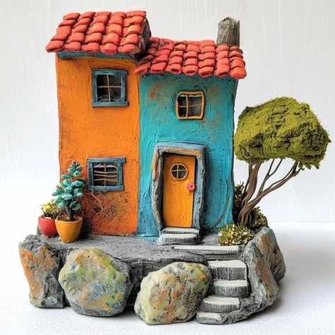 Surround yourself with crafted coziness through our hand carved clay miniature homes, where each tiny dwelling is a work of art in its own right. Air Dry Clay Cottage, Clay Houses Architecture, Tiny Clay Houses, Fairy Clay Art, Clay Houses Diy, Diy Clay Art, Clay Architecture, Clay Homes, Clay Building