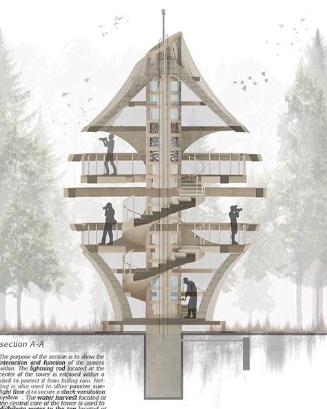 Amazing section THENEST - Tower Section for Pape Bird Watching Tower Competition in Latvia, Europe Group members: @ayed_alyahya @ash_hdr… Watch Tower Architecture, Tower Section, Plan Concept Architecture, Bird Watching Tower, Viewing Tower, Tower Architecture, Observation Tower, Architecture Elevation, Plans Architecture