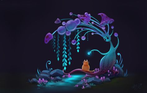 Wallpaper cat, night, fantasy, art, children's, Anna Kummer, Curious cat images for desktop, section фантастика - download Night Fantasy Art, Cat And Mushroom, Cat Night, Alien Plants, Mushroom Wallpaper, Wallpaper Winter, Wallpaper Cat, Alien Concept Art, Curious Cat