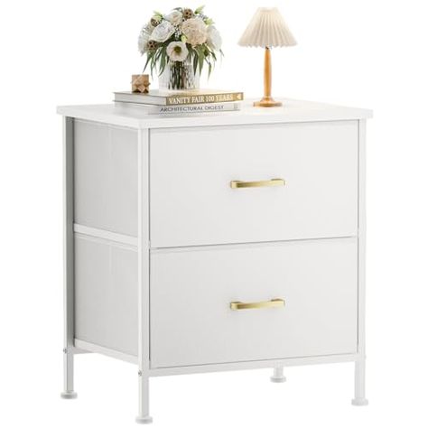 GipGiper White Nightstand 2 Drawers for Bedroom, Kids Bedside Furniture End Table Night Stand, Wooden Top, Steel Frame, Easy Pull Fabric Drawers, Modern Girl Bedside Table, Closet Nursery, Dorm Closet, Side Table For Living Room, Bedside Furniture, Small Dresser, Dresser For Bedroom, Living Room Dorm, Modern Bedside