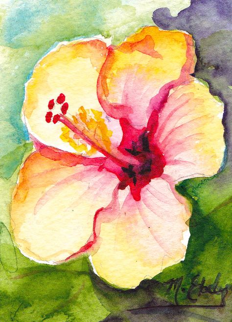 Hawaii Flowers Drawing, Hawaiian Flower Drawing, Hibiscus Drawing, Hibiscus Flower Drawing, Hawaii Flowers, Drawing Vintage, Hawaiian Flower, Canvas Painting Designs, Watercolor Flower Art