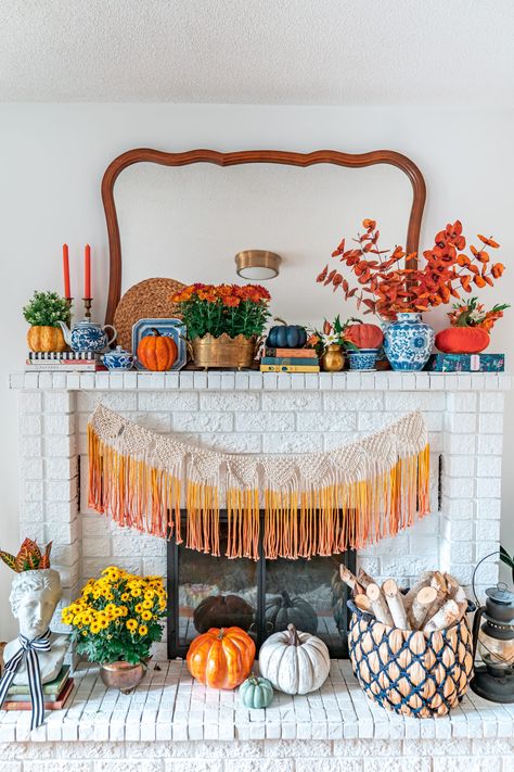 Designer Fall Decor, Boho Mantle, Fall Boho Decor, Blue And Orange Fall Decor, Bohemian Mantle Decor, Family Rituals, Room 360, Orange Fall Decor, Mantel Styling