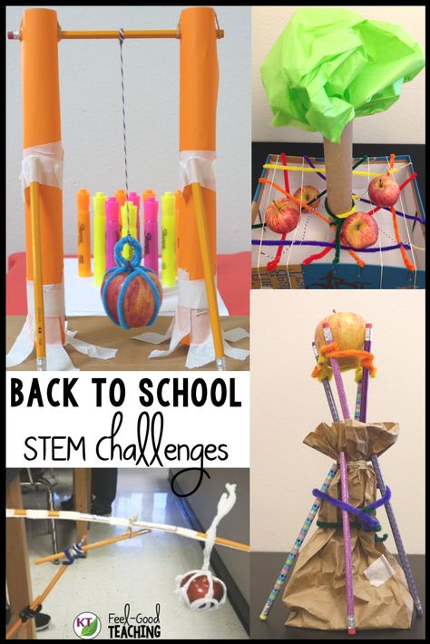 Looking for a first day of school activity that's fun but not fluff? How about 5 Back-to-School STEM Challenge Activities with modifications for grades 2-8? Work on Newton's Laws of Motion, forces, measurement, the 4 C's of Engineering and more! Click through to learn more about each challenge, watch video walk-throughs, see materials and more. Stem Activities For Kindergarten, Fall Stem Challenges, Kindergarten At Home, Forces And Motion, Steam Challenges, Stem Elementary, Stem Lesson, Apple Stem, Apple Activities