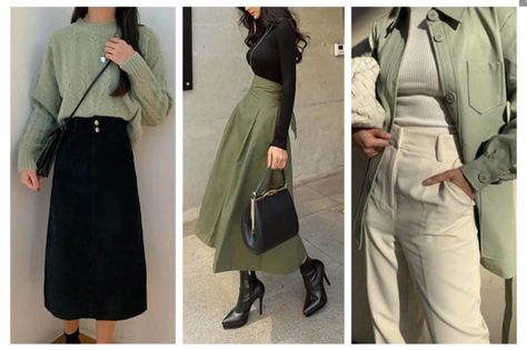 Perfect Colors To Match With Sage Green Clothing Color Combo For Green, Sage Green Blouse Outfit, Sage Outfits Color Combos, Green Clothes Combination, Sage Green Cardigan Outfit, Sage Green Outfit Color Combos, Green Color Combinations Outfit, Sage Green Clothes, Sage Green Fashion