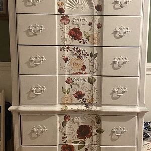 French Provincial Dresser Makeover, Painted Wood Chest, Chest Of Drawers Makeover, Girls Vanity, Fairy Flowers, Floral Furniture, Revamp Furniture, Shelf Paper, Whimsical Furniture