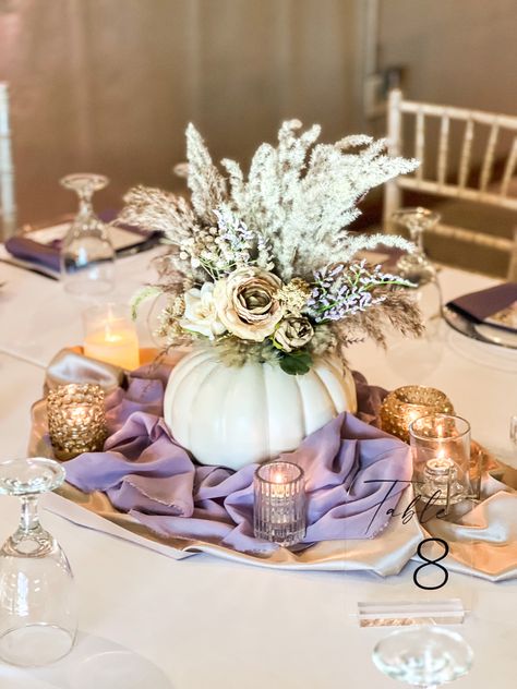 Boho Purple Centerpieces, Rust And Lilac Wedding, Purple And Gold Fall Wedding, Pumpkin Theme Wedding, Baby Shower Pumpkin Centerpieces, Lilac Fall Wedding, Lavender Pumpkins, Lavender Fall Wedding Color Schemes, White Pumpkin Bridal Shower Ideas