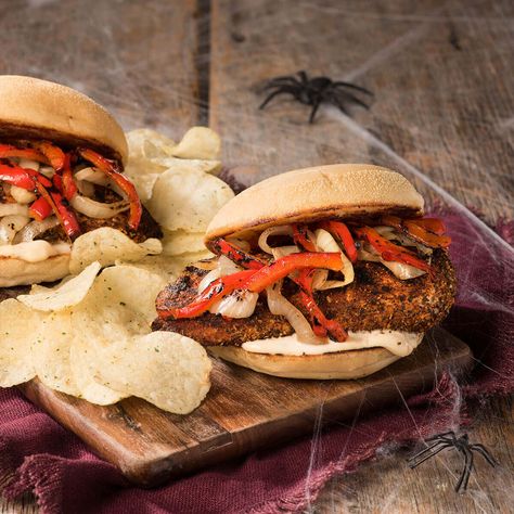 Step up your BBQ game from the usual hamburgers and hot dogs with these grilled blackened chicken sandwiches. The spicy Tabasco mayo gives the chicken just the right amount of kick, offset perfectly with LAY's Sour Cream and Onion Flavoured Potato Chips. The chips soak up the sauce well when you want an extra helping of this simple but delicious condiment. It's like eating Buffalo wings and ranch, but without the mess. Grilled Blackened Chicken, Blackened Chicken Sandwich, Hamburgers And Hot Dogs, Pork Tenderloin Sandwich, Pepper Mayo, Tabasco Pepper, Relaxing Sunday, Blackened Chicken, Chicken Sandwiches