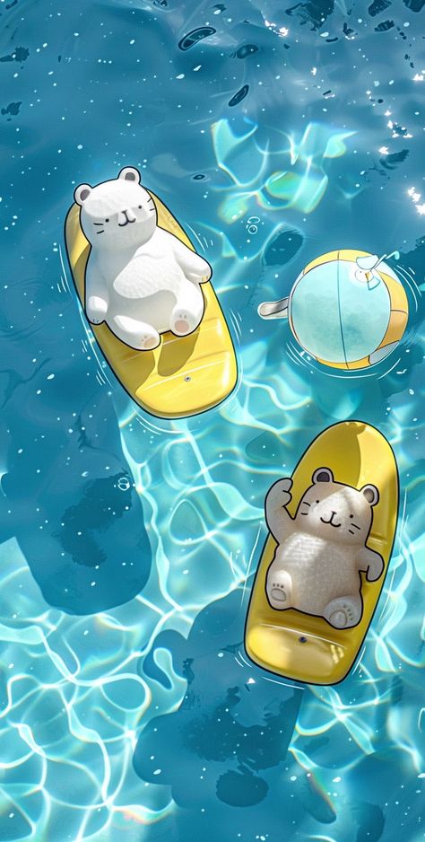 Cute cartoon style mobile phone wallpaper, top view of white bear in pool and fat cat on yellow surf boards in the swimming pool playing with one big round ball, the water is clear and blue, cute, simple design, background in 3d render style. The background color is light blue --v 6 Simple Design Background, Bear And Cat, Surfing Wallpaper, Play Wallpaper, Pretty Flowers Photography, Wallpaper Top, Swimming Posters, Mobile Phone Wallpaper