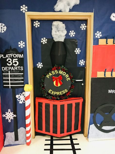 Christmas Door Contest Winners, 3d Christmas Door Decorating Contest, Polar Express Door Decorating Contest, Christmas Movie Door Decorating Contest, Polar Express Door, Christmas Door Ideas, Holiday Classroom Doors, Winter Door Decorations Classroom, Hospital Christmas