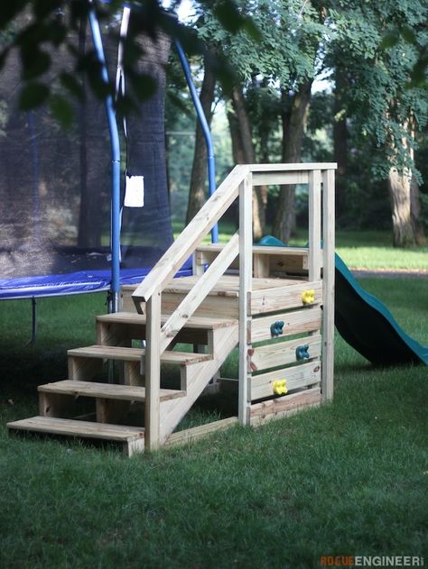 Stairs With Slide, Trampoline Stairs, Stair Slide, Backyard Trampoline, Diy Playground, Kids Outdoor Play, Outdoor Play Area, Diy Pool, Backyard Play