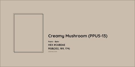 HEX #CABDAE Creamy Mushroom (PPU5-13) Paint Behr - Color Code Creamy Mushroom Behr Paint, Behr Creamy Mushroom, Pantone Tcx, Analogous Color Scheme, Paint Color Codes, Rgb Color Codes, Behr Colors, Hexadecimal Color, Rgb Color Wheel