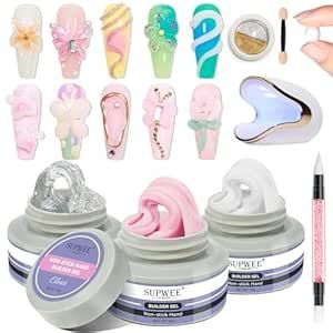 SUPWEE Solid Builder Gel for Nails, Clear White Pink Hard Gel for Nails 3D Nail Gel Art 3 Colors Sculpting Gel with UV Nail Lamp & Chrome Powder for Nail Extension Carving Gel Modeling Nail Salon DIY Solid Builder Gel, Nail Gel Art, Nails Clear, Decorating With Sticks, Nail Pen, Uv Nail Lamp, Nails 3d, Nude Nail, Chrome Powder