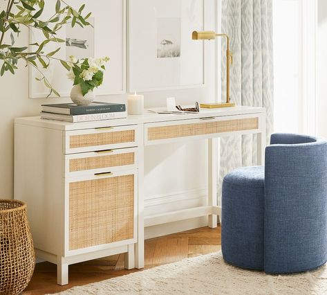 Westly Cane Single Cabinet Writing Desk With Drawer | Pottery Barn Nyc Rooms, Writing Desk With Drawers, Bottom Light, Furniture Storage Cabinets, Vacation Apartment, Task Lamp, Bedroom Desk, Natural Weave, Lamp Vintage