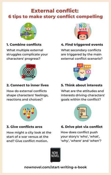 Making External Conflict Compelling: 6 Ideas | Now Novel Writers Notebook, Story Conflict Ideas, Screenwriting Ideas, Conflict Ideas, Story Brand, Writing Outline, Screenplay Writing, Writing Plot, Creative Writing Tips