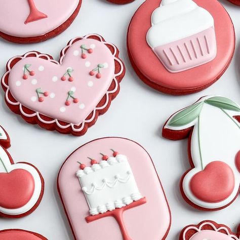 Cookies Decorated Birthday, Red Cookies Decorated, Cherry Cookies Decorated, Girly Sugar Cookies, Cherry Sugar Cookies, Champagne Glass Cookies, Strawberry Themed Cookies, Cookie Painting, Heart Decorated Cookies