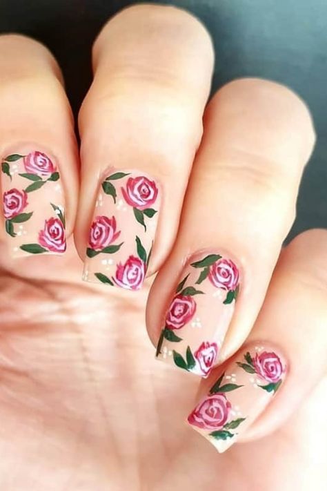 Can we all agree that roses are the ultimate symbol of feminine beauty? There is just something so charming and graceful about… Nails With Rose Design, Roses Nail Art Designs, Rose Design Nail Art, Nail Designs Rose, Roses Nails Design, Pink Rose Nail Designs, Tea Rose Nails, Pink Rose Nail Art, Nails With Roses Design