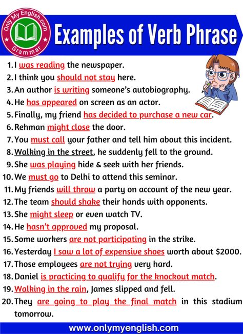 20 Examples of Verb Phrase in Sentences Verb Examples In Sentences, Verb Phrases, English Improvement, English To Hindi, Vocabulary Sentences, Essay Writing Examples, Verb Examples, English Prepositions, Sentence Examples