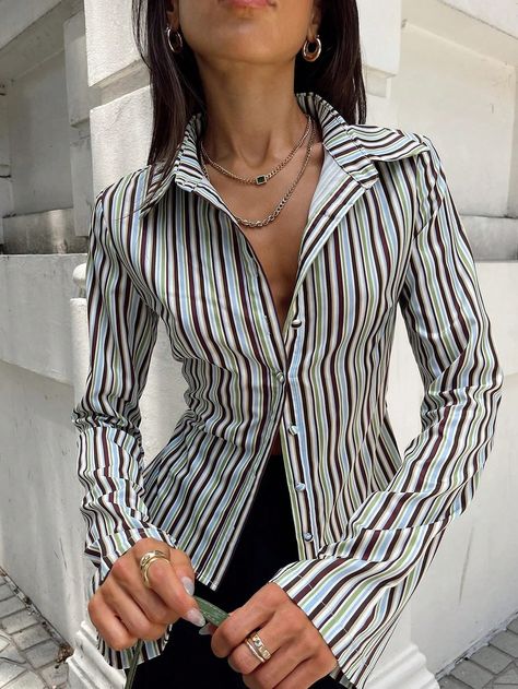 Women Casual Striped Long Sleeve Blouse, Spring/Fall Multicolor Casual  Long Sleeve Woven Fabric Colorblock,Striped Shirt Slight Stretch Fall,Spring/Fall Women Clothing, size features are:Bust: ,Length: ,Sleeve Length: Manche, Crop Top Styles, Blusas Crop Top, Shirt Blouses Women's, Winter 22, Crop Top Shirts, Chiffon Long Sleeve, Stripe Shirt, Casual Stripes