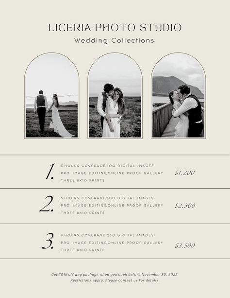 FREE Canva Editable Wedding Price Sheet #wedding #canva #pricesheet #priceguide #photography Pricing Sheet Template Free, Wedding Packages Prices Design, Wedding Photography Price List, Wedding Photography Price Guide, Wedding Package Photography Price List, Photography Pricing Template, Wedding Photography Pricing, Business Cards And Flyers, Beige Wedding