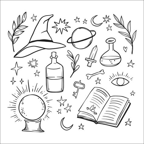 Esoteric mystical elements | Free Vector #Freepik #freevector Easy Witchy Doodles, Witch Doodles Easy, Witchy Things To Draw, Easy Witchy Drawings, Witchy Vector, Witchy Doodles Simple, Witchy Drawings Art, Mystical Doodles, Witchy Drawings Simple