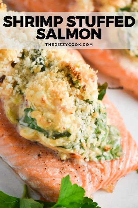 Shrimp Stuffed Salmon Shrimp Stuffed Salmon, Dizzy Cook, Shrimp Stuffed, Stuffed Salmon, Creamy Shrimp, Dairy Free Cream Cheese, Salmon And Shrimp, Spicy Salmon, Baked Salmon