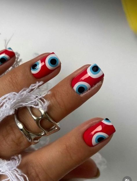 Red Evil Eye Nails, Evil Eye Quotes, Short Red Nails, Red Evil Eye, Evil Eye Nails, Eye Quotes, Dot Nail Art, Eye Nails, Dots Nails