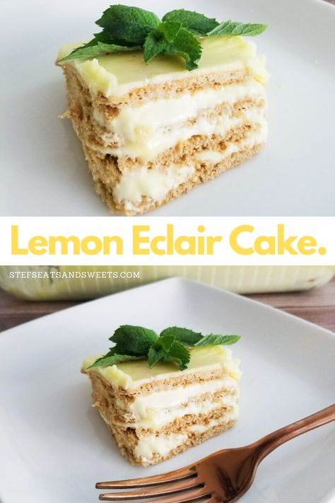 Lemon Eclair, Eclair Dessert, No Bake Eclair Cake, Eclairs Dessert, Eclair Cake Recipes, No Bake Lemon, Super Easy Desserts, Lemon Cheese, Blueberry Cake Recipes