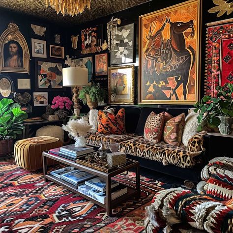 Maximalist Black Living Room, Moody Eccentric Living Room, Maximalist Decor Eclectic Living Room, Maximalist Library Room, Cosy Maximalist Living Room, Maximalist Home Interior, Small Living Room Maximalist, Darker Room Aesthetic, Vintage Maximalist Living Room