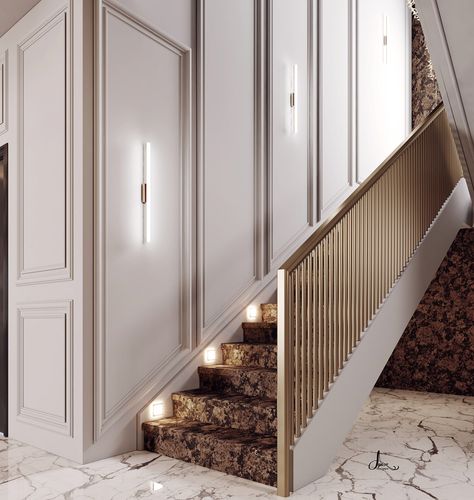 RECEPTION on Behance Classic Stairs Design, Stair Wall Design, Stairs Wall Decor, Staircase Wall Design, Stair Wall Lights, Classic Staircase, Neoclassical Interior Design, Classic Reception, Stair Paneling