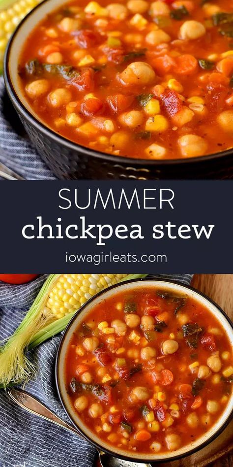 Summer Chickpea Stew is full of fresh vegetables and beans swimming in a savory, mouthwatering broth made with fresh-tasting @redgoldtomatoes. Enjoy this healthy stew all year long! iowagirleats.com keywords: stew recipe, summer recipes, chickpea recipes, chickpea soup, chickpea soup recipes Healthy Stew, Chickpea Soup, Chickpea Stew, Iowa Girl Eats, Healthy Summer Recipes, Chickpea Recipes, Corn On The Cob, Stew Recipe, Tempeh